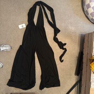 Black Halter Wide-Leg Jumpsuit with Tie Neck